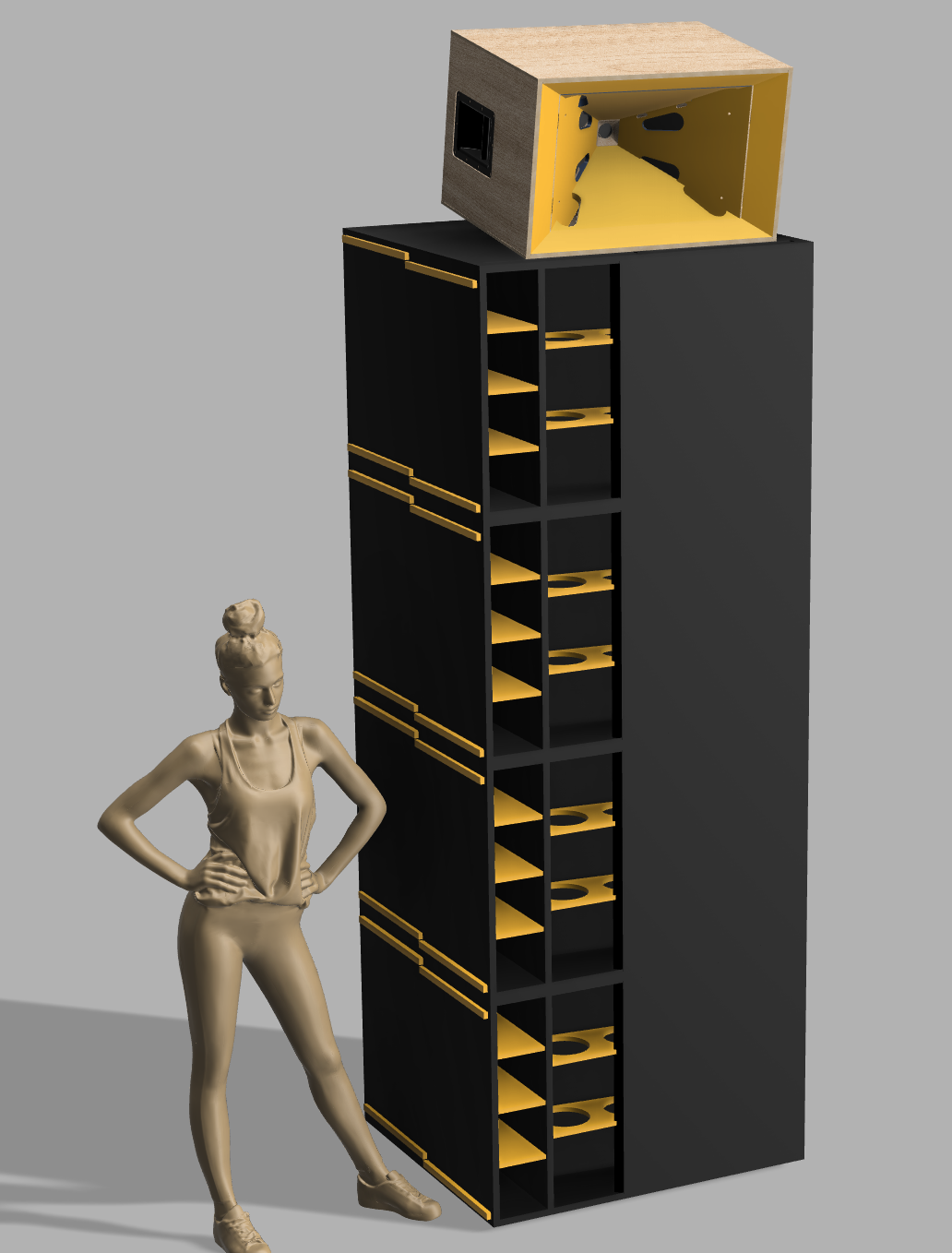3D render of single T Lounge dance stack with human figure for scale